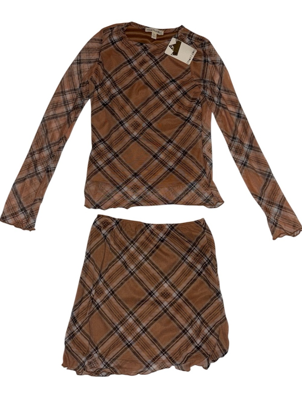 NWT Crown of Hearts Plaid Tan Mesh Long Sleeve Top & Matching Skirt - Size S